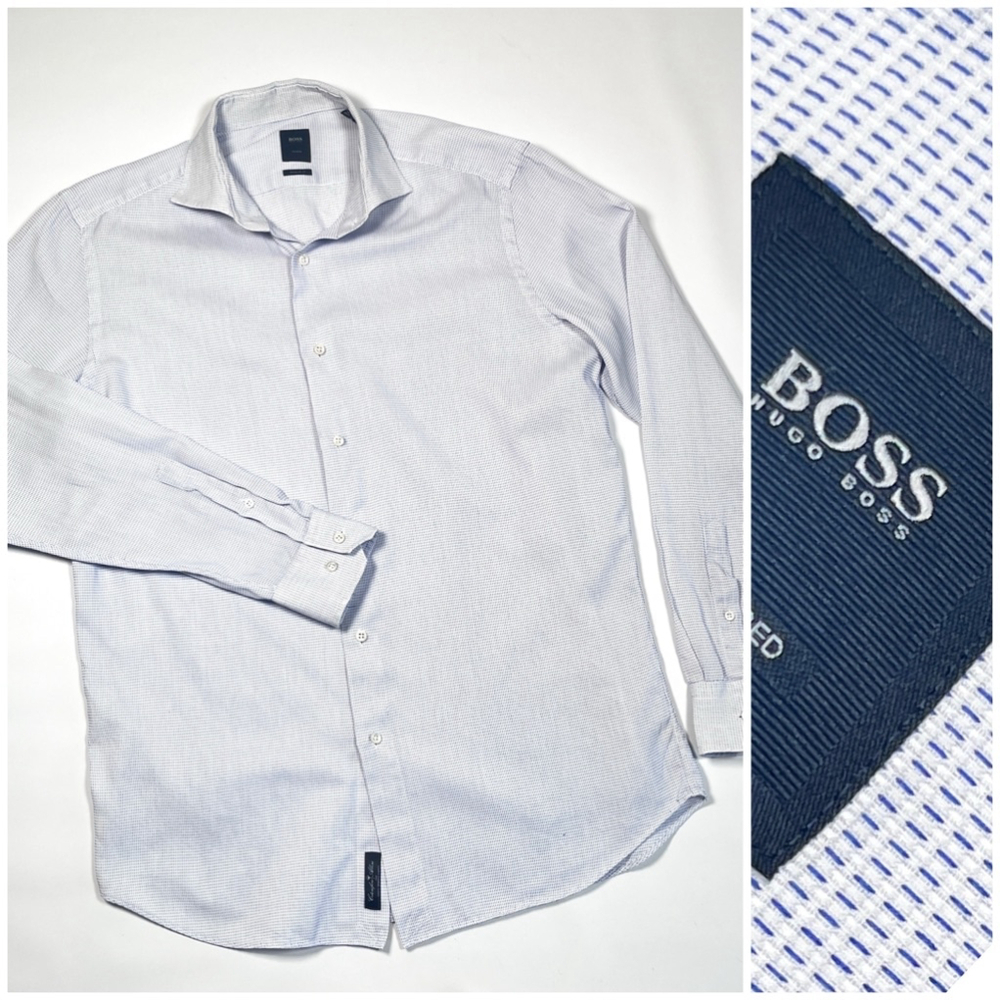 Men's Hugo Boss White & Blue Dress Shirt Size 42 Cotton